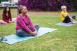 © DisobeyArt - Multiracial senior women doing yoga exercise outdoor with city park in background - Healthy lifestyle and joyful elderly lifestyle concept - Focus on african woman face
