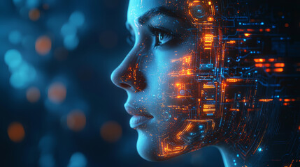 Wall Mural - futuristic portrait of woman with holographic interface, showcasing advanced technology and urban in