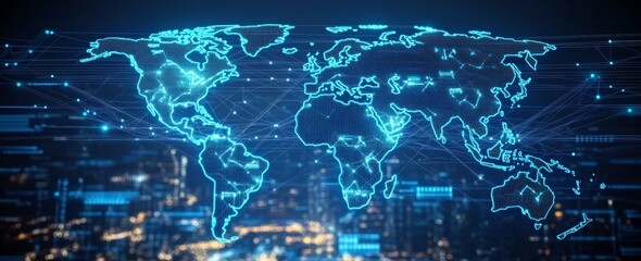 Aufkleber - Digital world map. Global internet network telecom and communication. Generative AI technology.	
