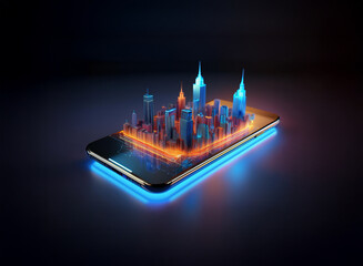 Poster - A futuristic cityscape, rendered in vibrant neon colors, sits atop a sleek smartphone, glowing with digital energy.  The scene is dark, highlighting the city's luminescence.
