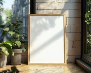 Wall art empty picture frame mockup on wooden desk, wall, table. Vase with olive branches, cactus. Elegant working space, home office concept.