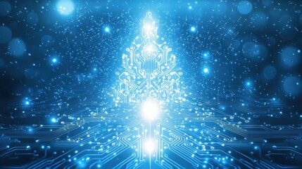 digital glowing tech christmas tree on blue background	
