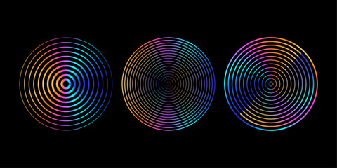 Poster - Music audio neon sound waves circles vector set. Epicenter, target, radar icons isolated on black background.