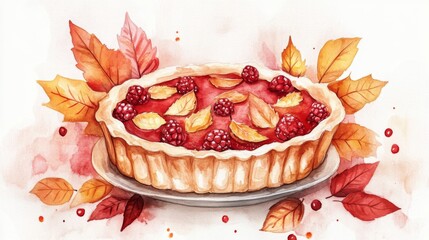 Wall Mural - Autumn Raspberry Tart Watercolor Illustration