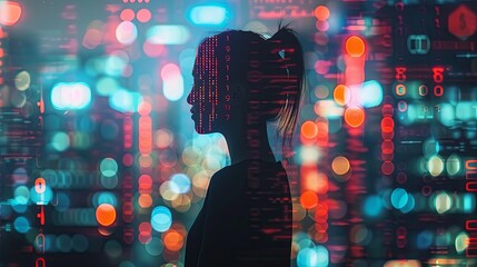 Woman's Silhouette Overlaid with Binary Code Against a City Lights Background
