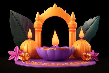 Wall Mural - Colorful Diwali decoration with candles, flowers, and traditional elements. vibrant design features purple bowl, orange lanterns, and lush green leaves, creating festive atmosphere