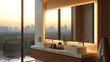 © @ArtUmbre - Luxurious bathroom with modern design and city view at sunset showcasing elegant fixtures and warm lighting