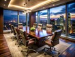 © Curie - Modern Boardroom with City View: A Sleek Table and Leather Chairs Overlooking a Stunning Urban Landscape, Perfect for Corporate Meetings and Executive Discussions