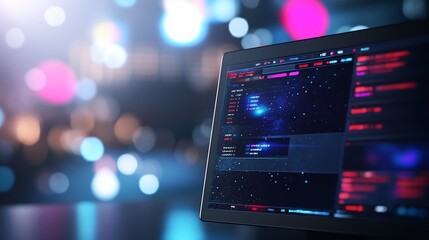 Futuristic computer screen displaying complex code at night.