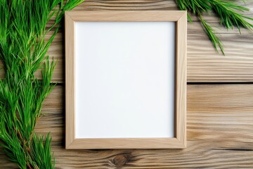 Empty frame with white paper on a light wood surface and green faux grass Space for text or photo