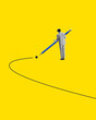 © master1305 - Man using giant pencil to draw path on vibrant yellow background, symbolizing creativity, turning point and decision-making. Contemporary art collage. Concept of business, growth, choice