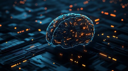A glowing, digital brain hovering above a circuit board.
