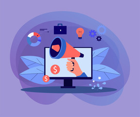 Wall Mural - business data analysis and hand holding megaphone. computer screen, smart marketing, digital payment