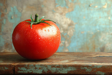 A single ripe red tomato rests on rustic wood