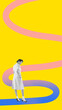 © master1305 - Young woman walking along colorful winding path on vibrant background, symbolizing self-discovery and progress. Contemporary art collage. Concept of life, choice, future