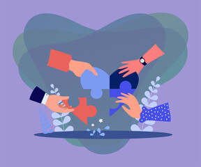 Wall Mural - hands of people forming heart from puzzle pieces. human relationship metaphor flat vector illustrati