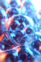Aufkleber - Abstract illustration of spherical glass shapes where transparent objects play with light, shimmering in blue and orange, with blur and sharpness creating a three-dimensional composition