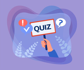 Wall Mural - hand holding simple sign with quiz word. announcement of questionnaire, test questions by person fla