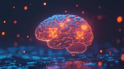 A glowing, digital brain with check marks, a concept image representing artificial intelligence.