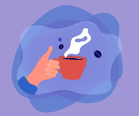 Wall Mural - human hand holding cup full of hot black coffee. person drinking beverage with steam for breakfast f