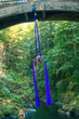 © Connect Images - An aerial performer demonstrates silk acrobatics beneath a wooden bridge surrounded by lush forest, USA