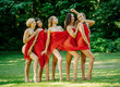© Connect Images - Five women draped in red fabric posing playfully in a green park, USA