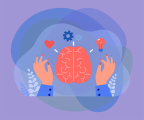 Wall Mural - work of person with rational and feeling side of brain. hands and abstract head with heart and light