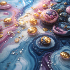 Aufkleber - A luxurious marble surface with a harmonious play of blue, pink and purple shades, complemented by sparkling gold balls and a scattering of precious stones. An elegant and well-balanced composition