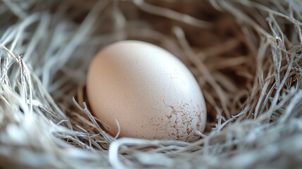 A single white egg sits in a nest of white shredded paper.