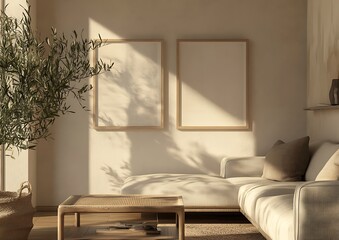 Poster - A serene living room featuring a minimalist design, natural light, and cozy furnishings, creating a calm and inviting atmosphere.