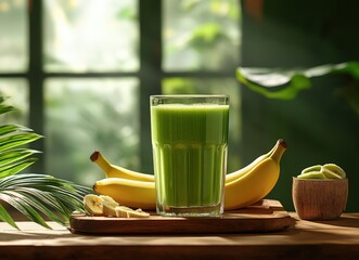 Canvas Print - Refreshing green smoothie in a glass with bananas and kiwi slices on a wooden table near a window. Perfect for healthy lifestyle and diet concepts.