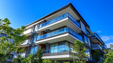 Aufkleber - A modern multi-story building with large glass balconies, surrounded by greenery and a clear blue sky.
