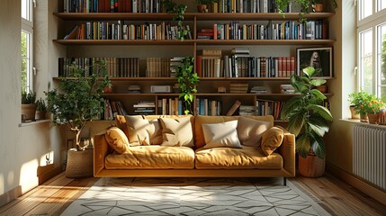 Wall Mural - Sunlit Living Room with Mustard Sofa, Bookshelves, and Abundant Greenery