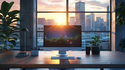 Wall Mural - Sunset cityscape view from a modern minimalist office workspace with computer.