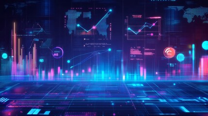 Blue gradient background with data science and technology elements, charts, graphs, code lines