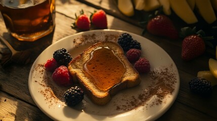 Wall Mural - Delicious Breakfast Toast with Honey and Fresh Berries on Plate