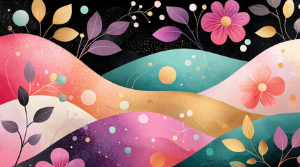 Fototapete - This vibrant artwork showcases flowing waves of color with floral elements and organic shapes, creating a harmonious abstract composition