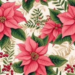 Poster - This captivating design features bright pink poinsettias surrounded by green leaves, berries, and delicate foliage, perfect for holiday decor