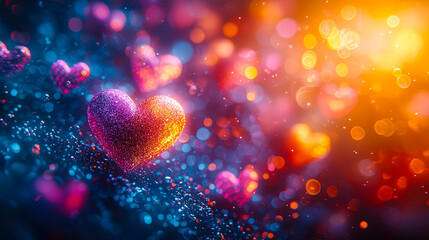 Leinwandbilder - Sparkling hearts in various colors float above a shimmering backdrop, evoking a magical and romantic ambiance at twilight,  Perfect for background use in videos and projects