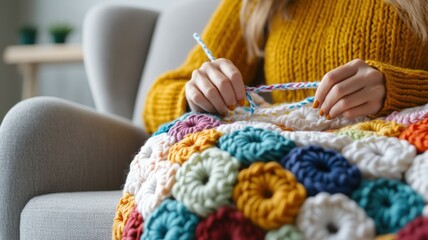 A woman crochets a colorful blanket while sitting comfortably on a couch, showcasing creativity and relaxation in a cozy living space.