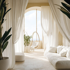 Poster - Natural light floods the cozy living area featuring soft white textiles, a hanging chair, and lush plants, providing a tranquil retreat with ocean scenery