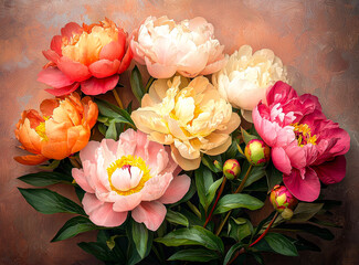 Poster - A colorful arrangement of peonies in shades of pink, red, white, and orange displays their lush petals and rich greenery, creating an inviting floral composition