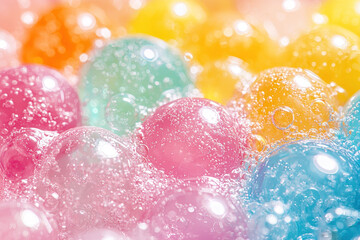 Poster - Brightly colored bubbles float in water, creating an enchanting and playful visual effect with an array of pastel hues