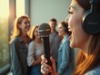 © Cozy Coffee Bar - Young woman singing with microphone and headphones, friends watching