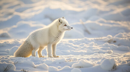 white arctic fox in snow: an arctic fox in the snow, highlighting its white fur in the arctic enviro