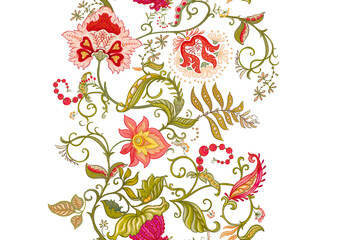 Wall Mural - Fantasy flowers in retro, vintage, jacobean embroidery style. Seamless pattern, background. Vector illustration.