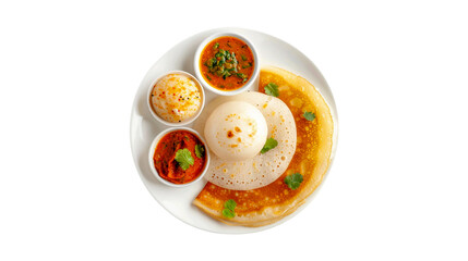 ghee roast dosa and idlii with chutney, south indian main breakfast isolated on transparent backgrou