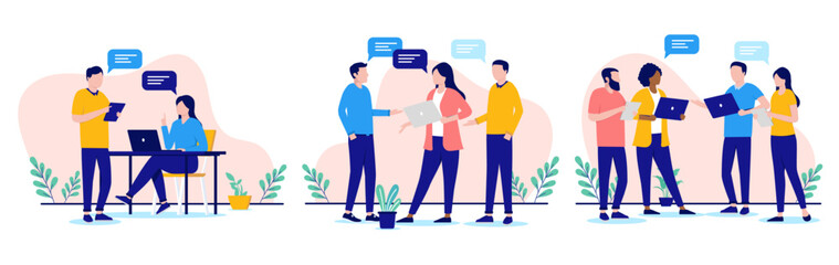 Poster - Teamwork people talking illustrations - Collection of businesspeople discussing and working together in corporate office workplace with computers and speech bubbles. Flat design vector