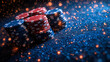© Yauheniya - Brightly colored poker chips stacked on a textured surface with shimmering particles at a casino setting. Generative AI