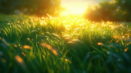 Wall Mural - Vibrant green grass shining in the warm evening sunlight